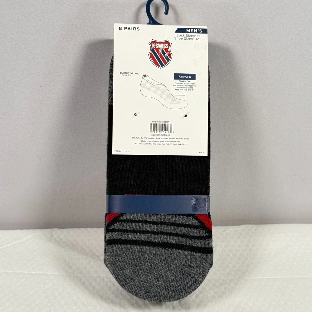 K-Swiss Men's Socks Low Cut‎ No Show 8 pack Shoe Size 6 to 12.5 Silicone Tab